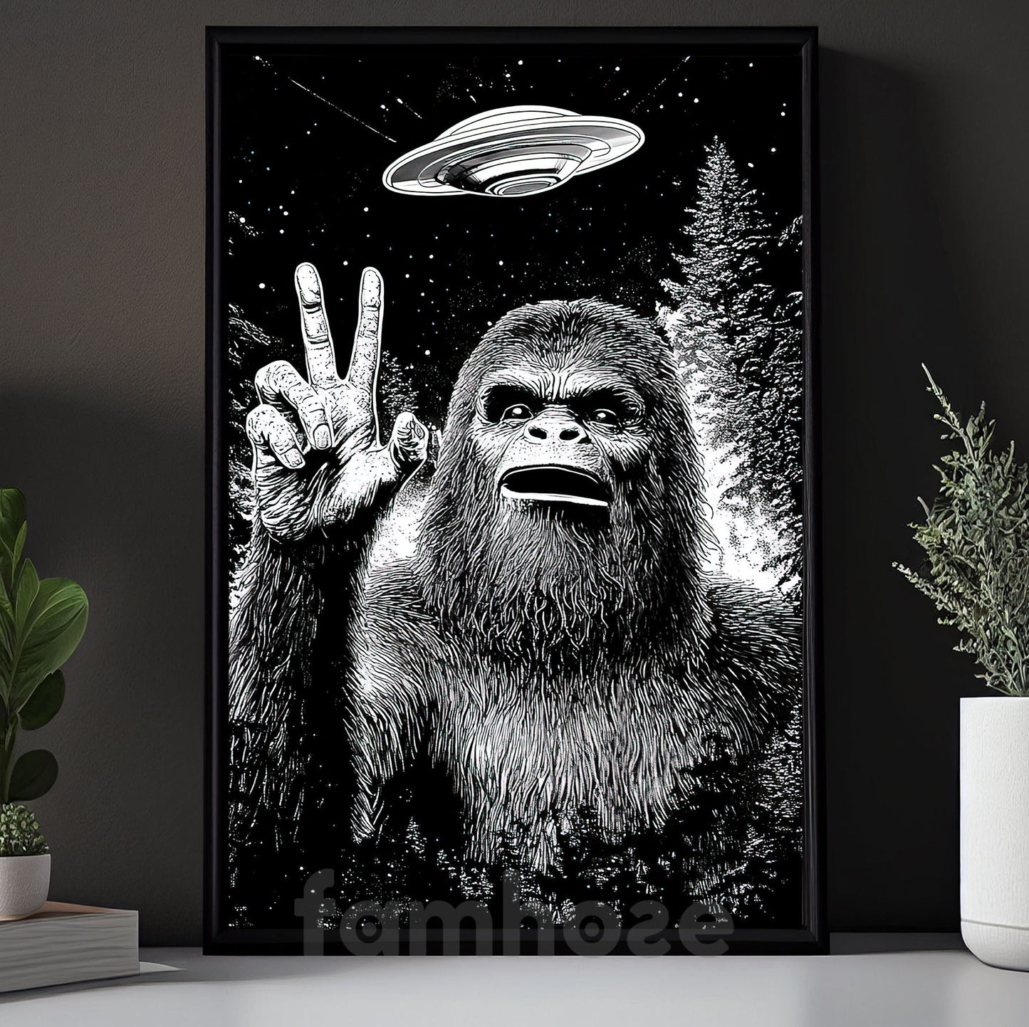 Funny Bigfoot UFO Illustration Canvas Painting, Sasquatch Alien Encounter Wall Art Decor, Poster Gift For Bigfoot Lover