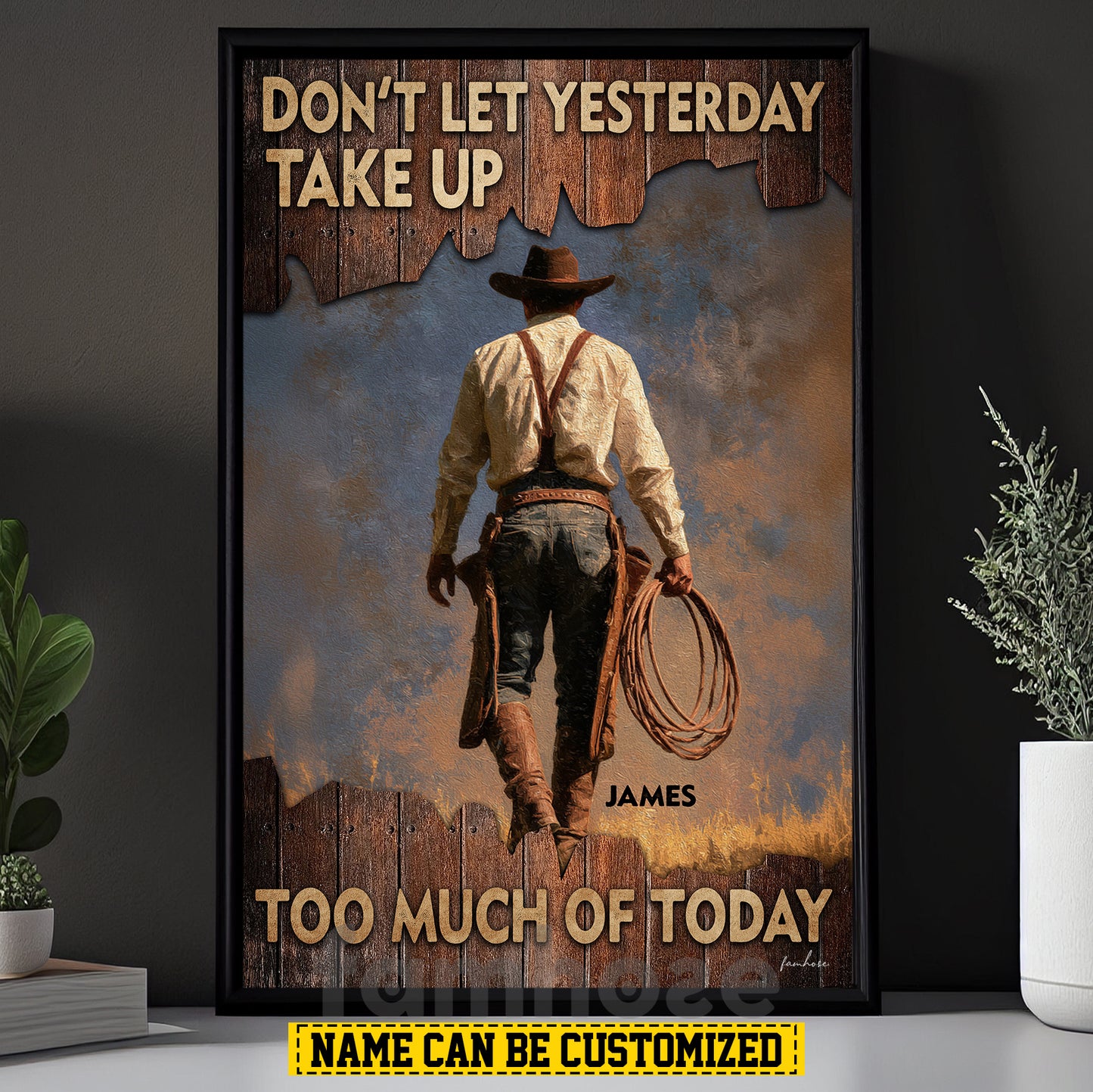 Motivational Personalized Cowboy Canvas Painting, Don't Let Yesterday Take Up Inspirational Quotes Wall Art Decor, Poster Gift For Cowboy