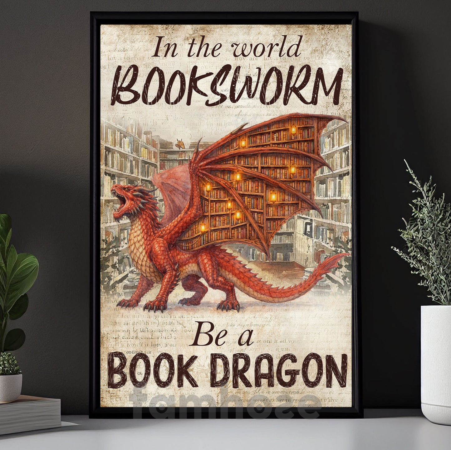 Funny Book Canvas Painting, In The World Bookworm Be A Book Dragon Wall Art Decor, Poster Gift For Dragon Lovers