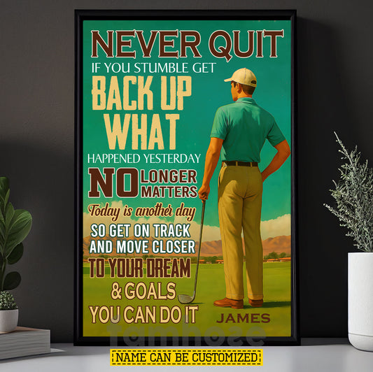 Vintage Personalized Golf Man Canvas Painting, Never Quit If You Stumble Get Back Up Sport Wall Art Decor, Poster Gift For Golf Lovers