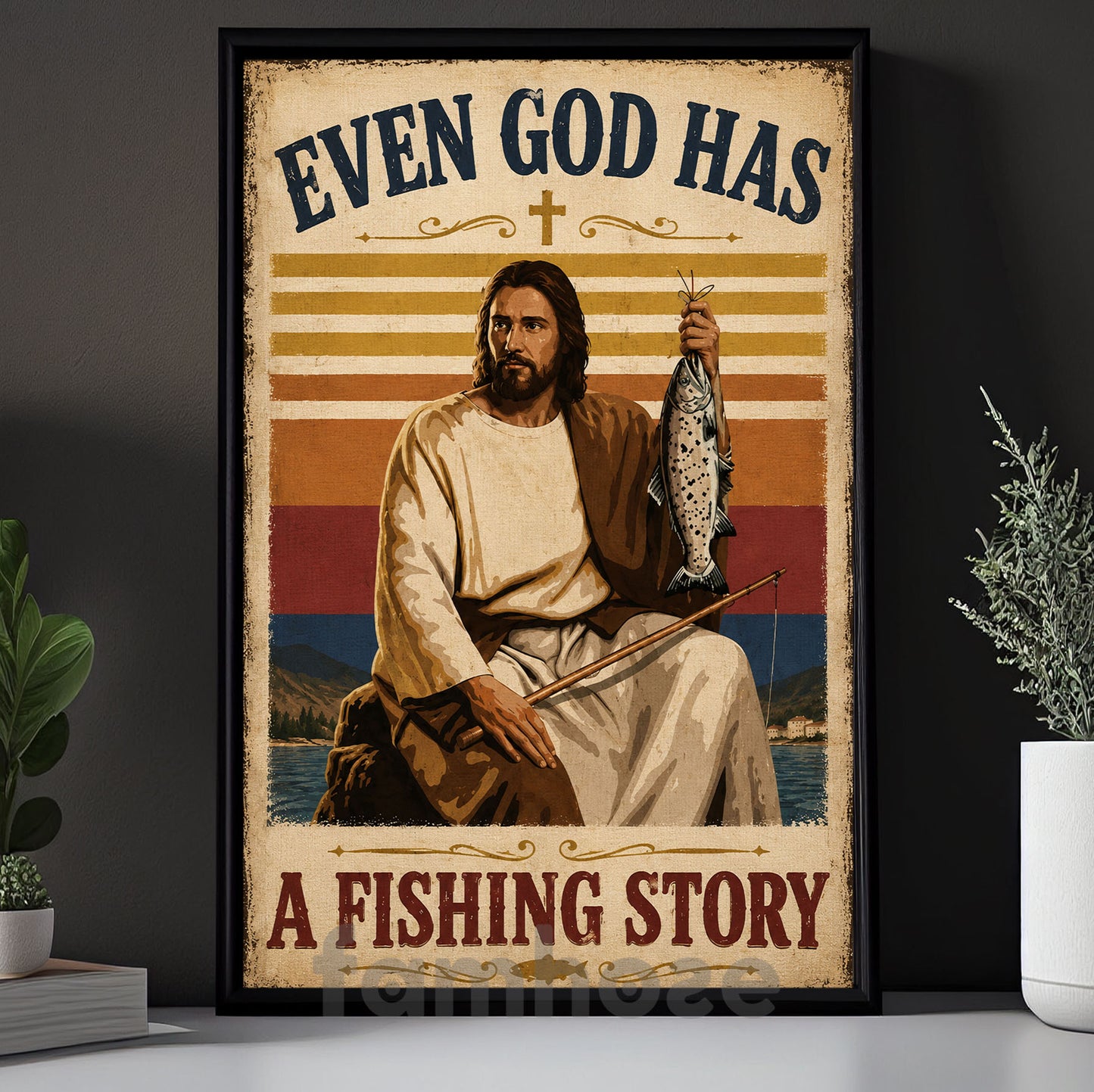 Funny Jesus Fishing Canvas Painting, Even God Has A Fishing Story Wall Art Decor, Poster Gift For Christian, Fishing Lover