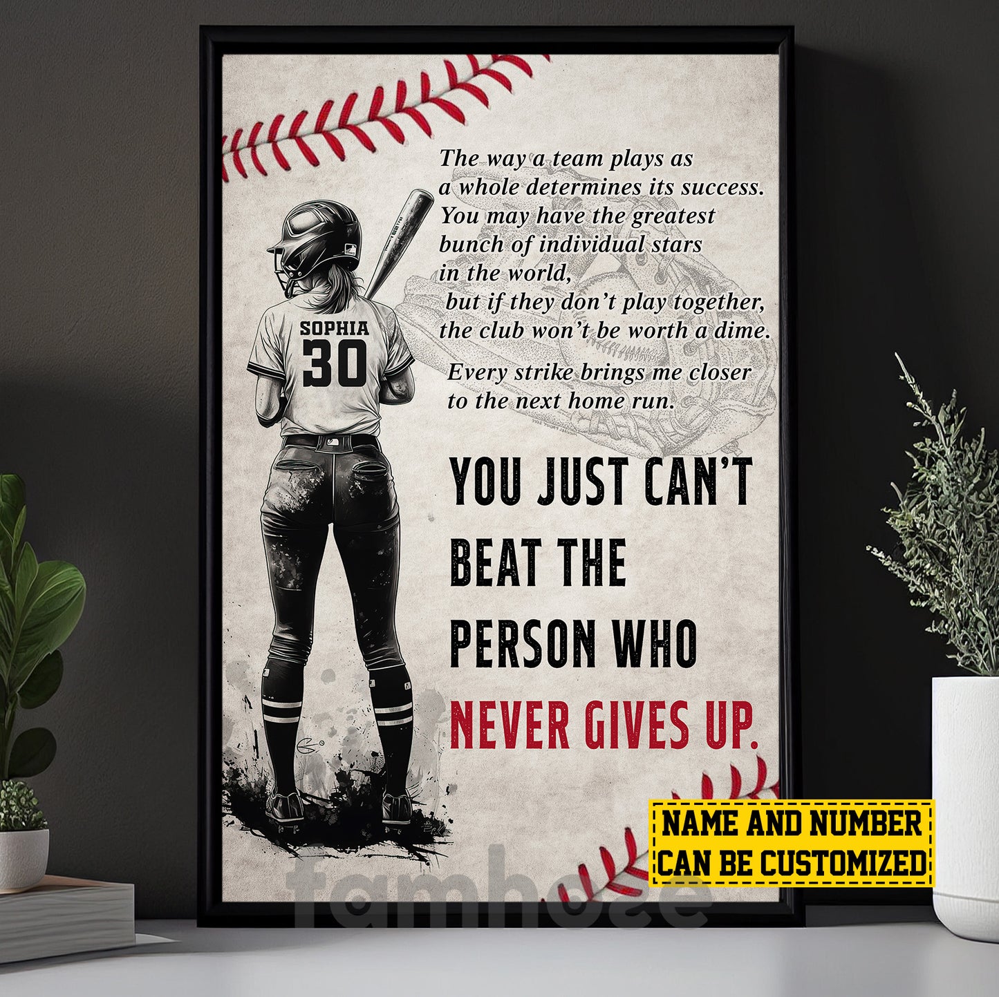 Personalized Softball Girl Canvas Painting, You Just Can't Beat The Person Who Never Gives Up Sport Wall Art Decor, Poster Gift For Softball Lovers