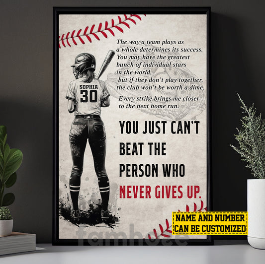Personalized Softball Girl Canvas Painting, You Just Can't Beat The Person Who Never Gives Up Sport Wall Art Decor, Poster Gift For Softball Lovers