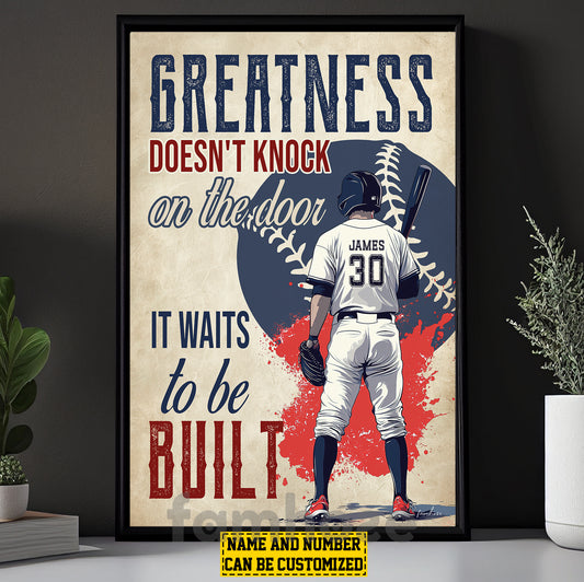Motivational Personalized Baseball Man Canvas Painting, Greatness Doesn't Knock On The Door Sport Wall Art Decor, Poster Gift For Baseball Lovers