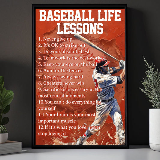 Baseball Life Lessons Never Give Up, Motivational Canvas Painting, Inspirational Quotes Wall Art Decor, Poster Gift For Baseball Lovers