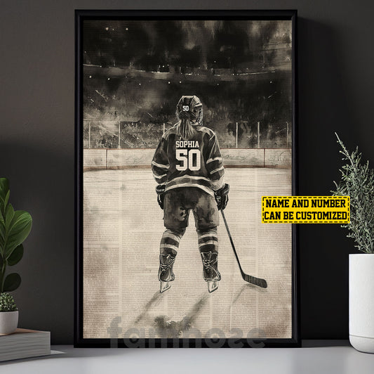 Personalized Hockey Kid Girl Canvas Painting, Hockey Player On Ice Wall Art Decor, Poster Gift For Hockey Lovers