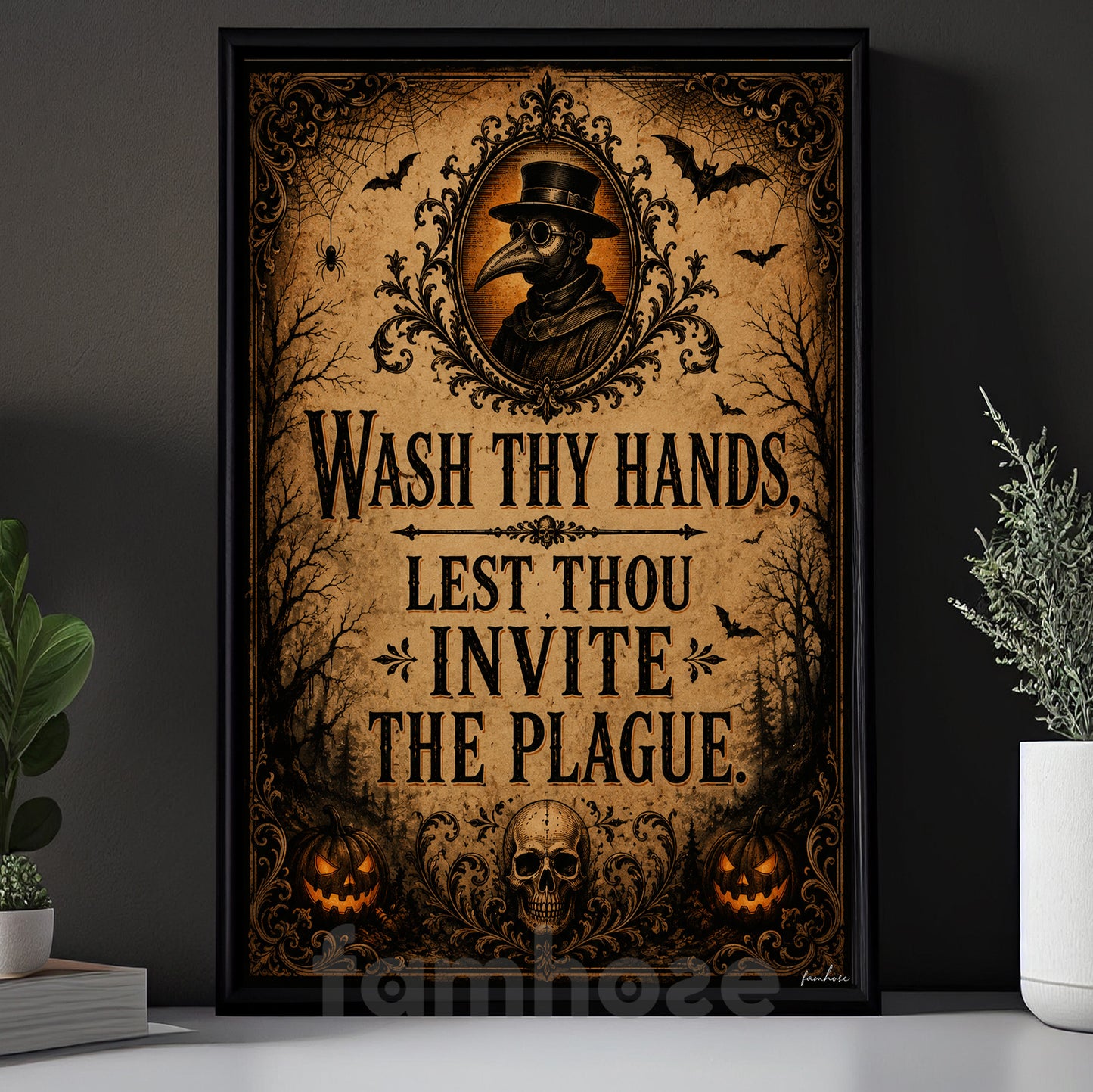 Halloween Wash Hands Toilet Canvas Painting, Lest Thou Invite The Plague Bathroom Wall Art Decor, Spooky Season Restroom Poster Gift Plague Doctor Lover
