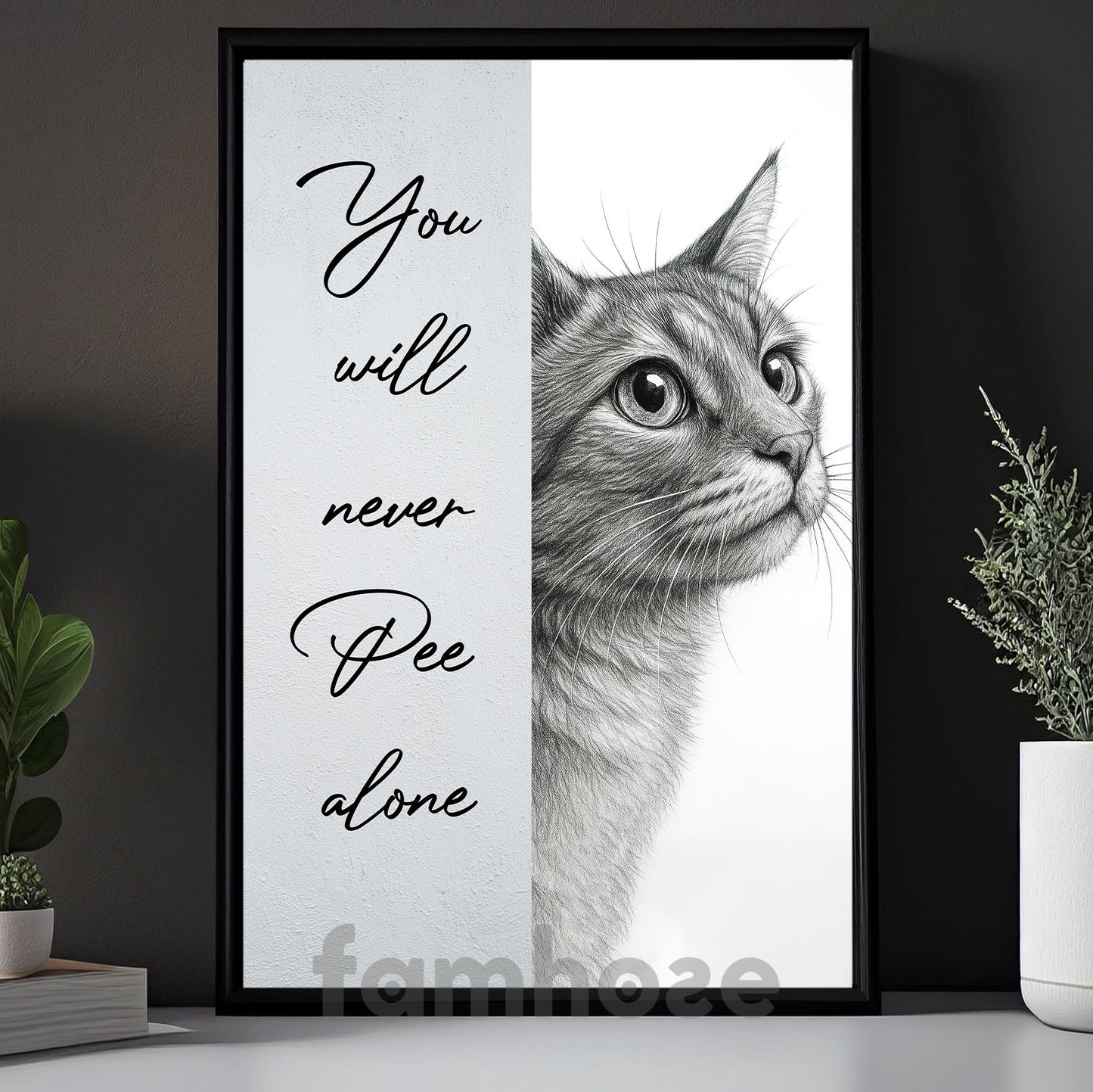 Funny Cat Toilet Canvas Painting, You Will Never Pee Alone Bathroom Wall Art Decor, Restroom Poster Gift For Cat Lovers