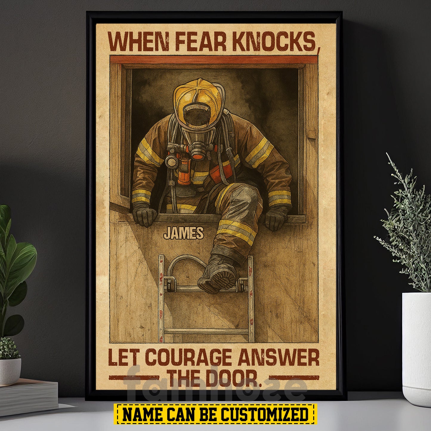 Motivational Personalized Firefighter Canvas Painting, When Fear Knocks Inspirational Quotes Wall Art Decor, Poster Gift For Firefighter Lovers