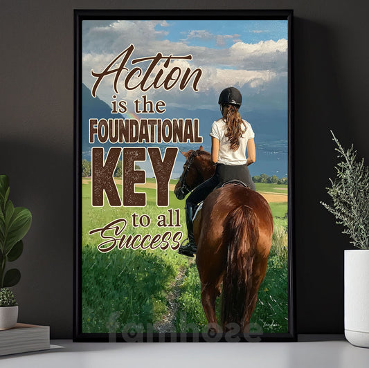 Motivational Horse Riding Girl Canvas Painting, Action Is Foundational Key Inspirational Quotes Wall Art Decor, Poster Gift For Horse Girl