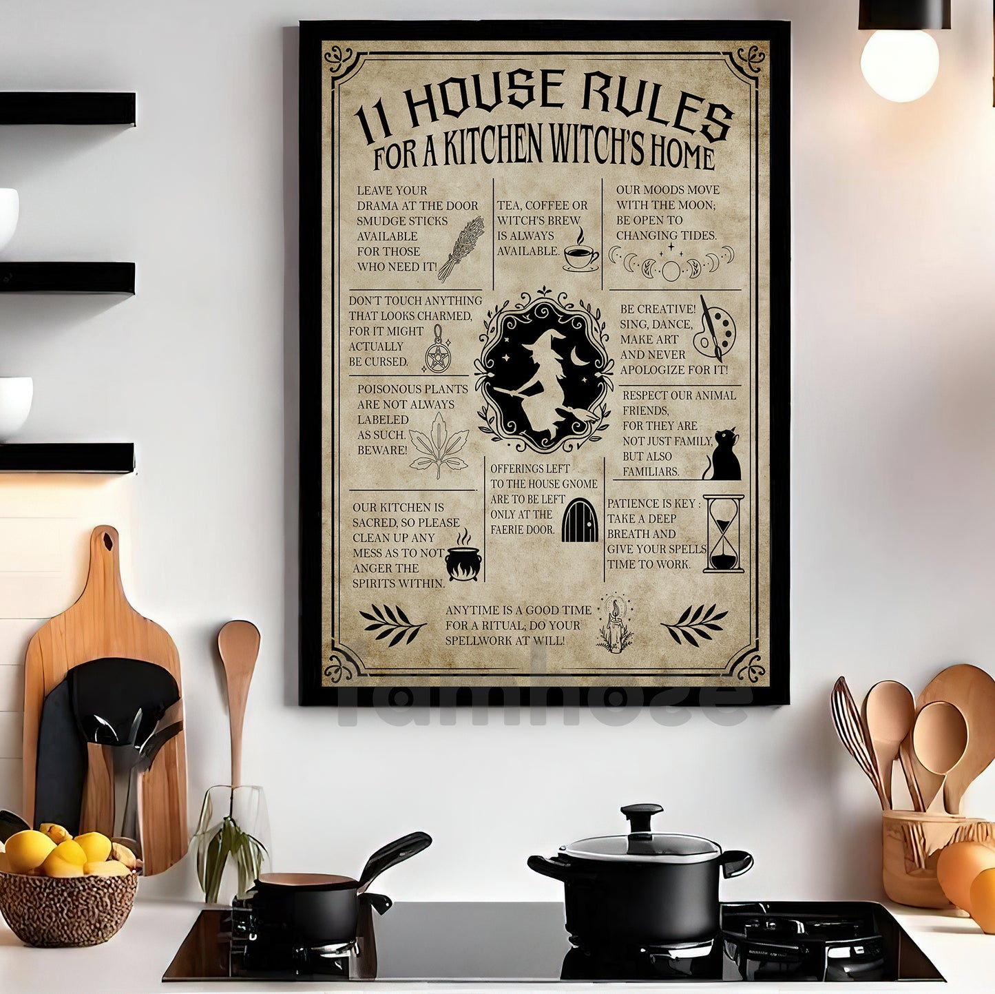 Funny Halloween Witch Canvas Painting, 11 House Rules Wall Art Decor, Spooky Season Poster Gift For Witch Lovers