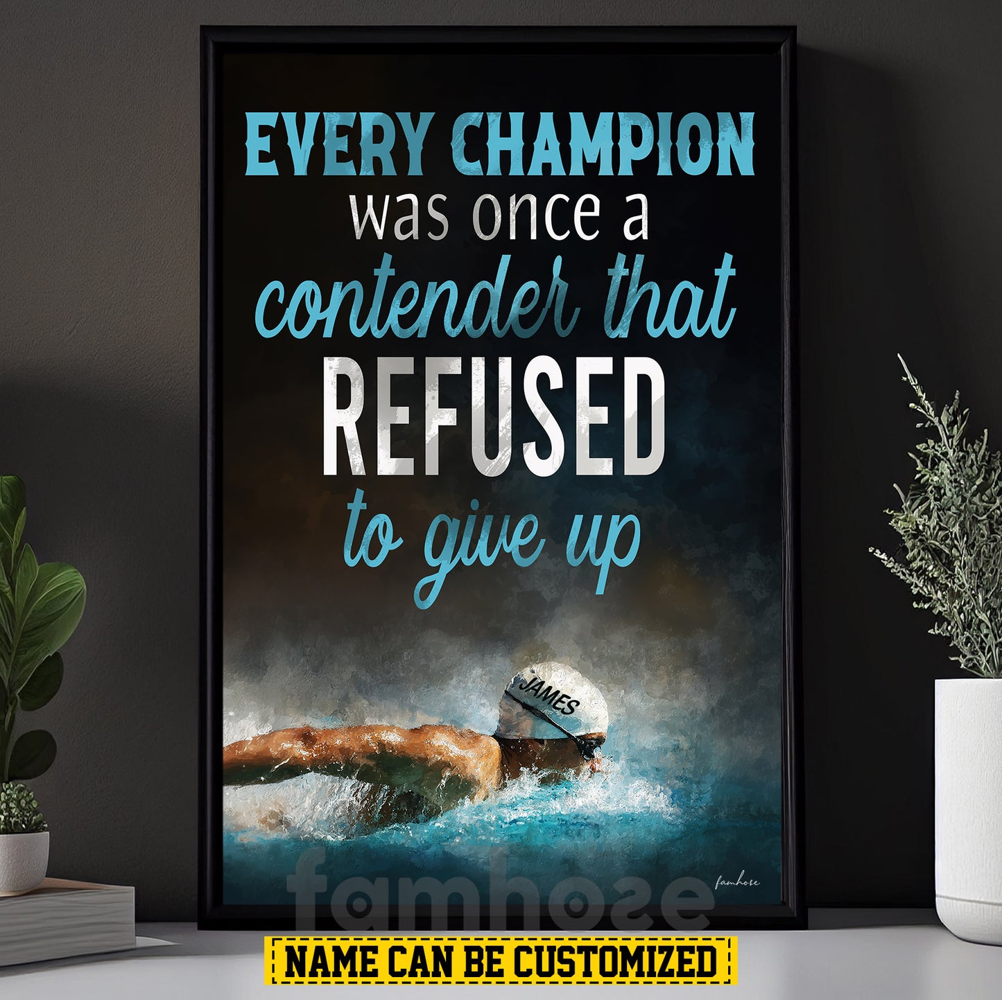 Motivational Personalized Swimming Man Canvas Painting, Every Champion Was Once A Contender Sport Wall Art Decor, Poster Gift For Swimming Lovers