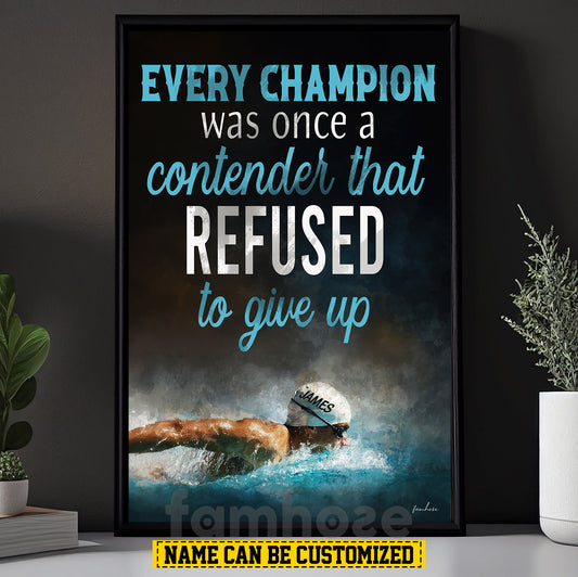 Motivational Personalized Swimming Man Canvas Painting, Every Champion Was Once A Contender Sport Wall Art Decor, Poster Gift For Swimming Lovers