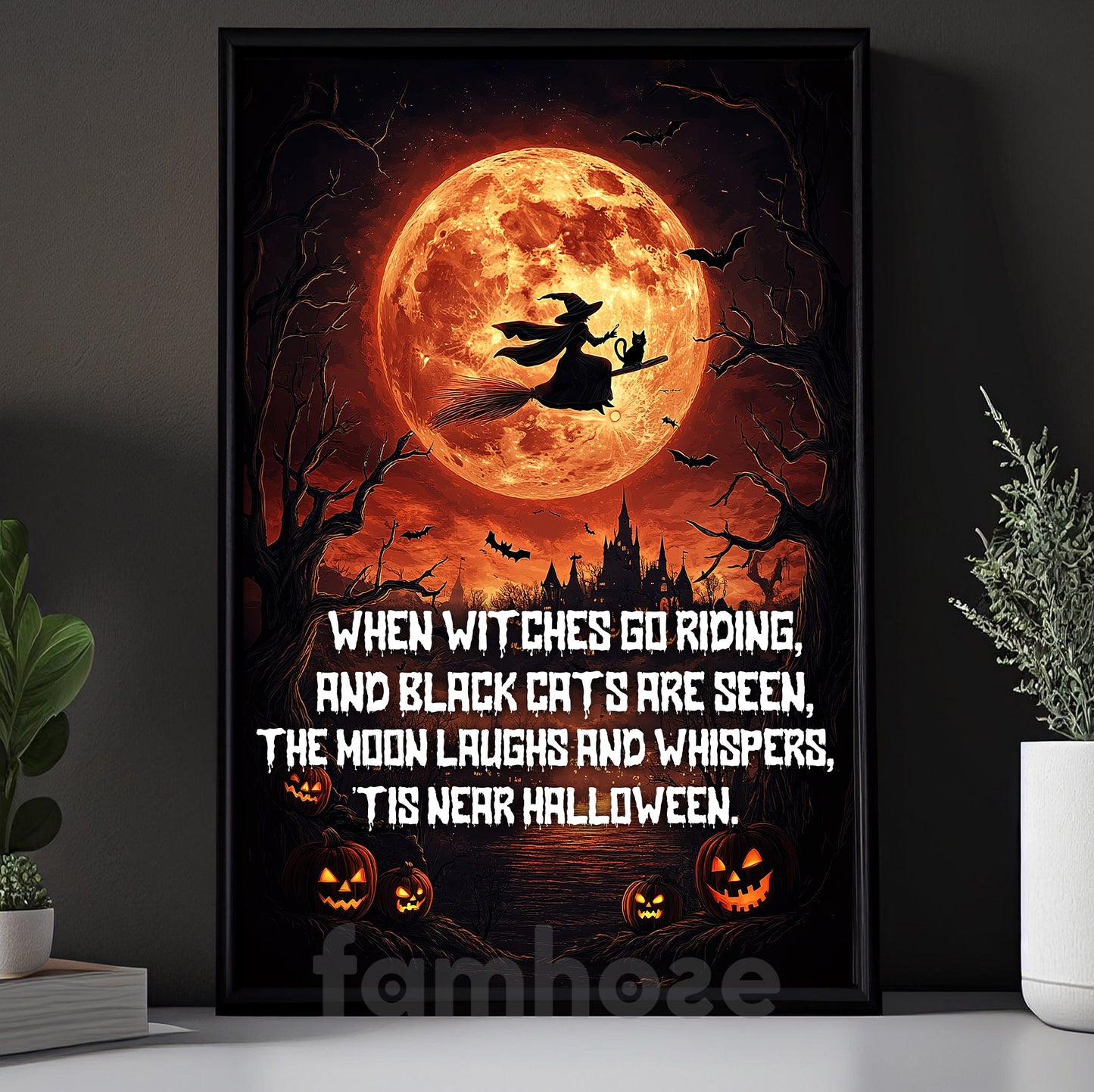 Halloween Witch & Black Cat Canvas Painting, When Witches Go Riding Wall Art Decor, Spooky Season Poster Gift For Witch Lovers