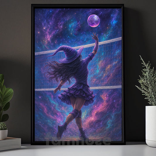 Halloween Volleyball Witch Canvas Painting, Volleyball Witch In Space Wall Art Decor Spooky Season Poster Gift For Volleyball Lovers
