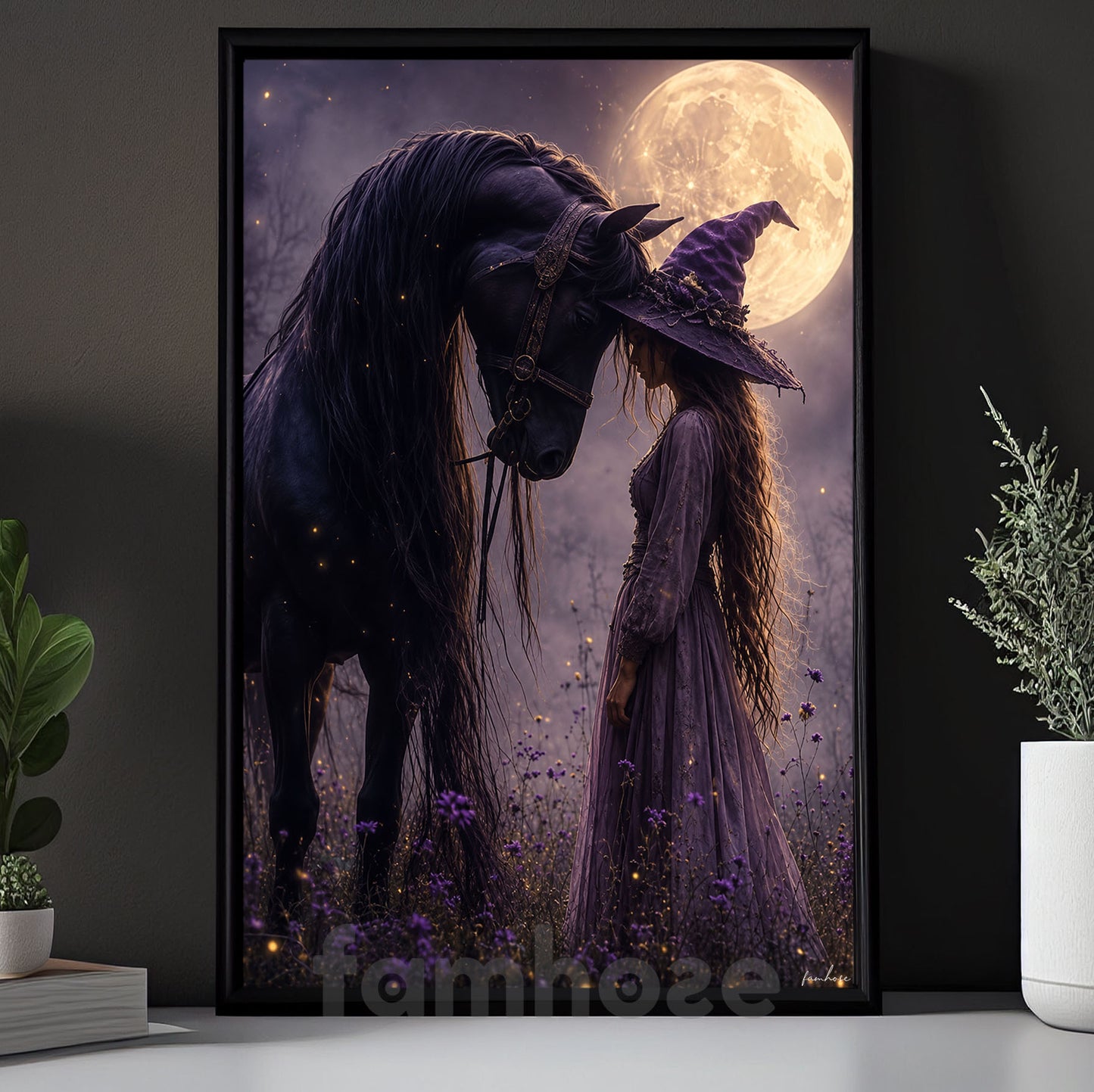 Halloween Witch And Black Horse Canvas Painting, Where Magic Meets The Wild Wall Art Decor, Spooky Season Poster Gift For Horse Girls