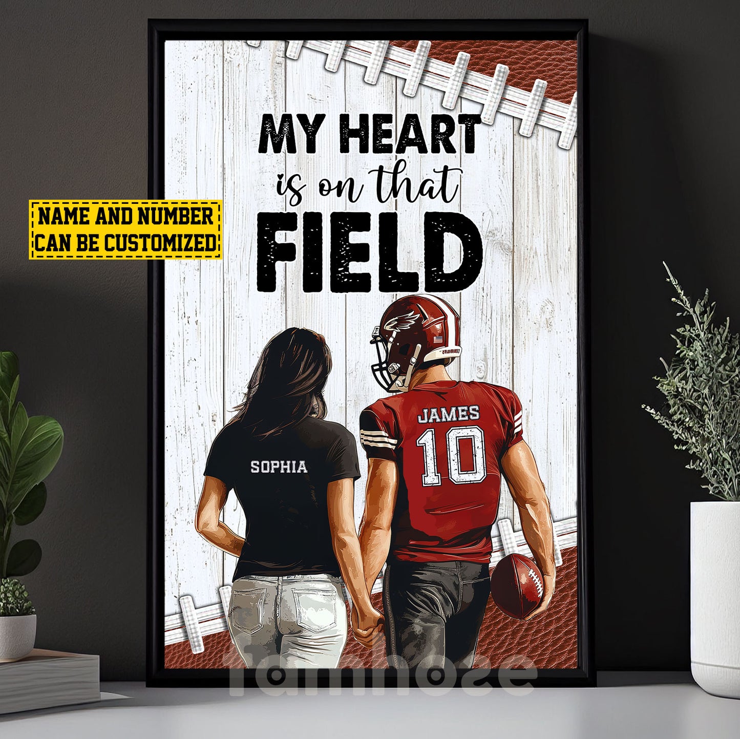 Romantic Personalized Football Couple Canvas Painting, My Heart Is On That Field Sports Wall Art Decor, Valentine's Day Poster Gift For Football-Loving Couple