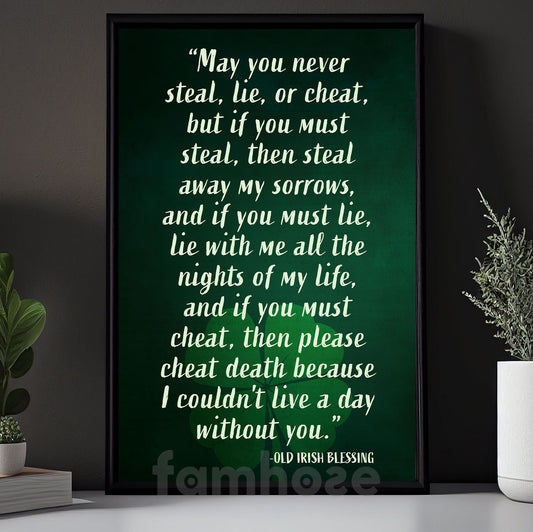 Four-Leaf Clover Quote Canvas Painting, May You Never Steal Lie Or Cheat Wall Art Decor, Shamrock Poster St Patrick's Day Gift For Irish Lover