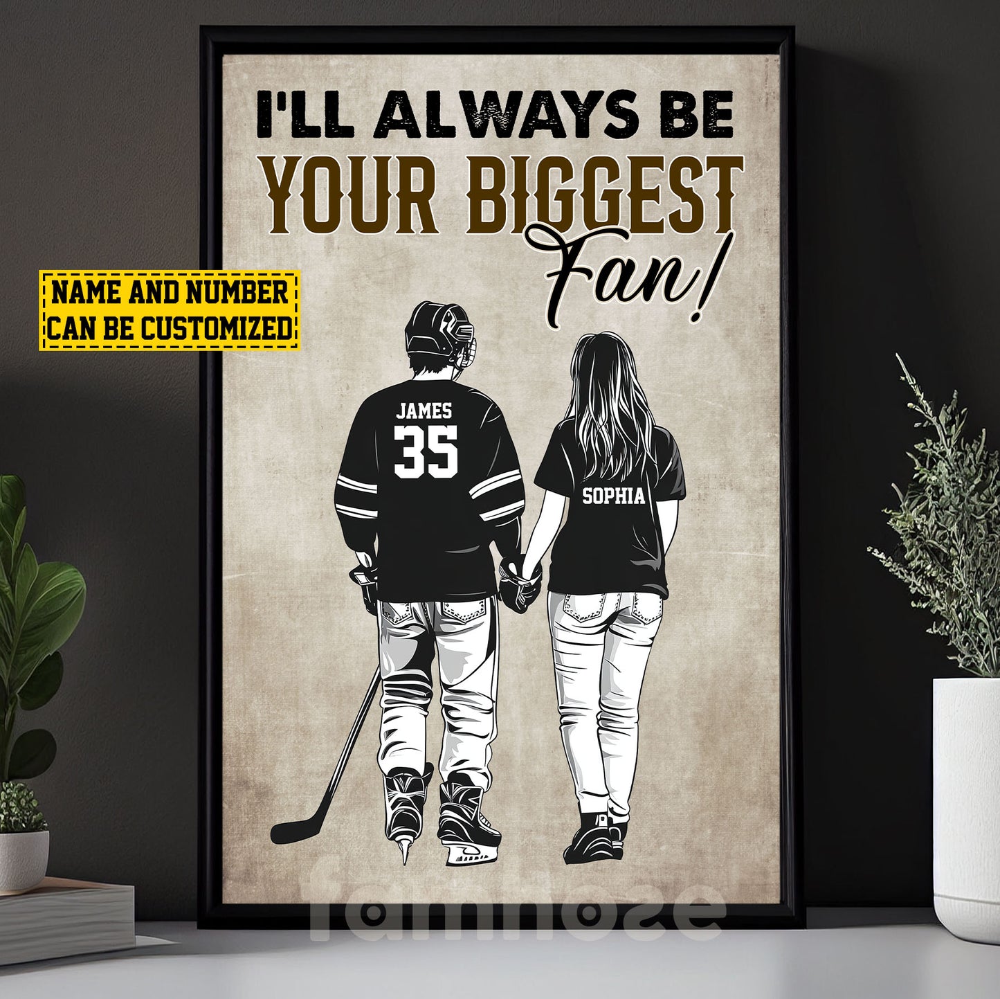 Romantic Personalized Hockey Couple Canvas Painting, I'll Always Be Your Biggest Fan Sports Wall Art Decor, Valentine's Day Poster Gift For Hockey-Loving Couple