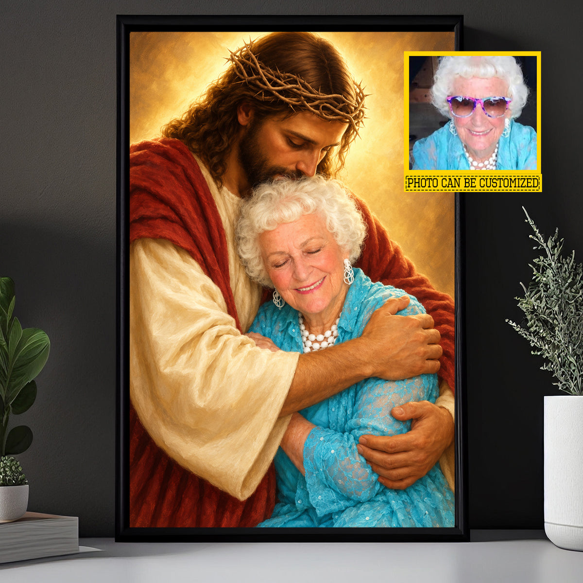 Personalized Jesus Hugging Canvas Painting, Custom Photo Jesus Embrace Wall Art Decor, Poster Gift For Deceased Person