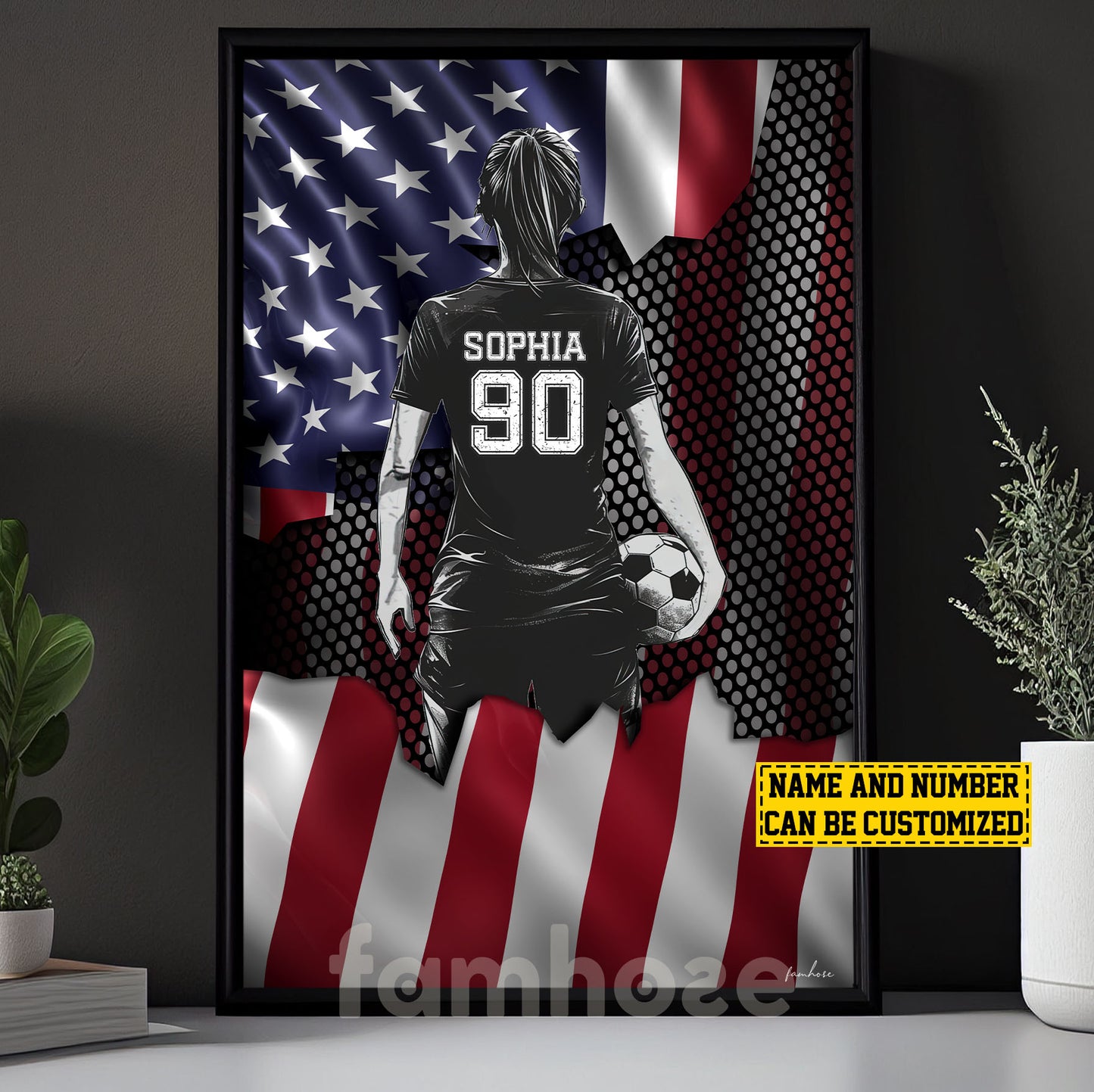 Personalized Soccer Girl Canvas Painting, Stars, Stripes & Soccer Dreams Sports Wall Art Decor, Poster July 4th Gift For Soccer Lovers