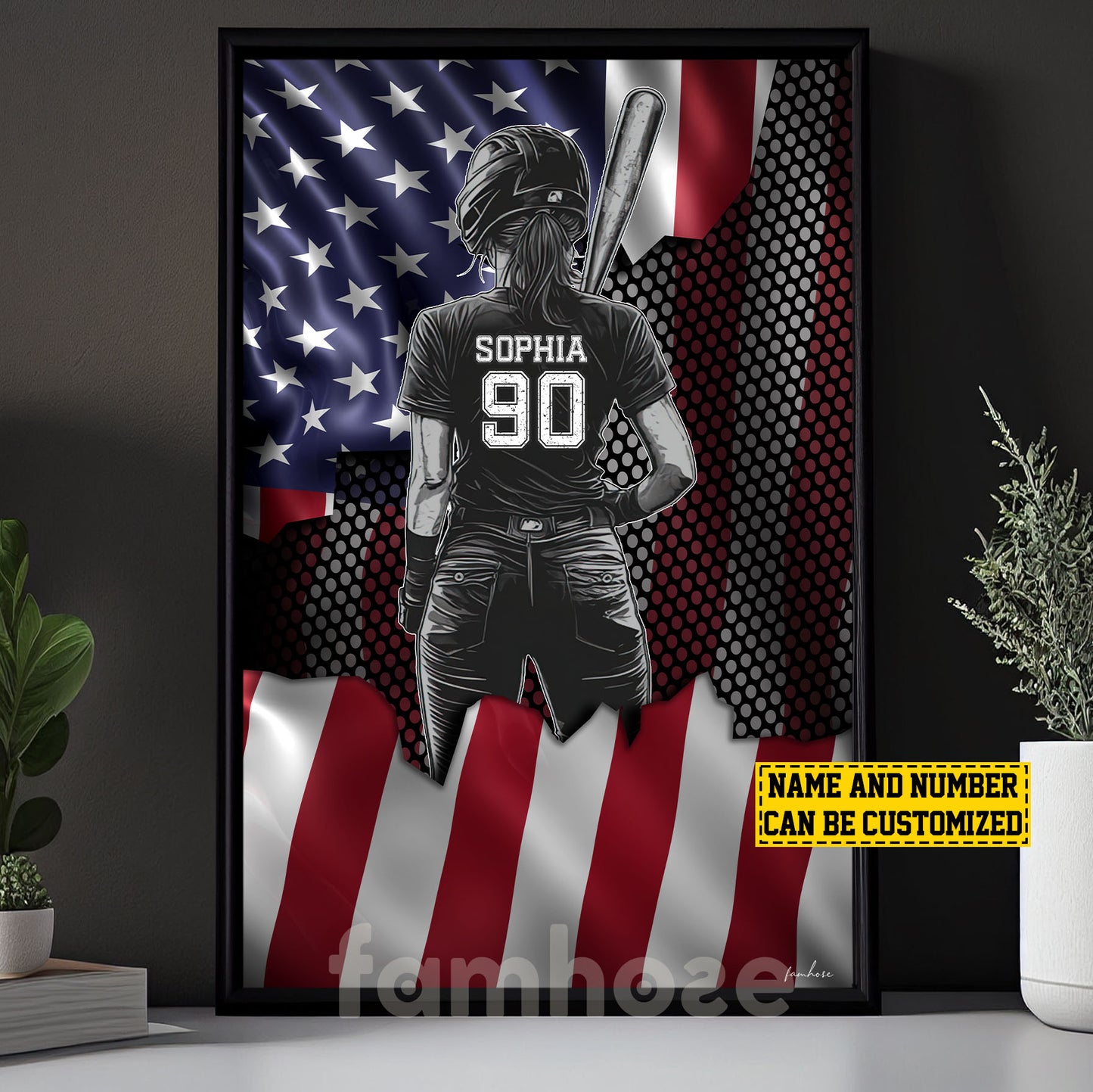 Personalized Softball Girl Canvas Painting, Stars, Stripes & Softball Dreams Sports Wall Art Decor, Poster July 4th Gift For Softball Lovers