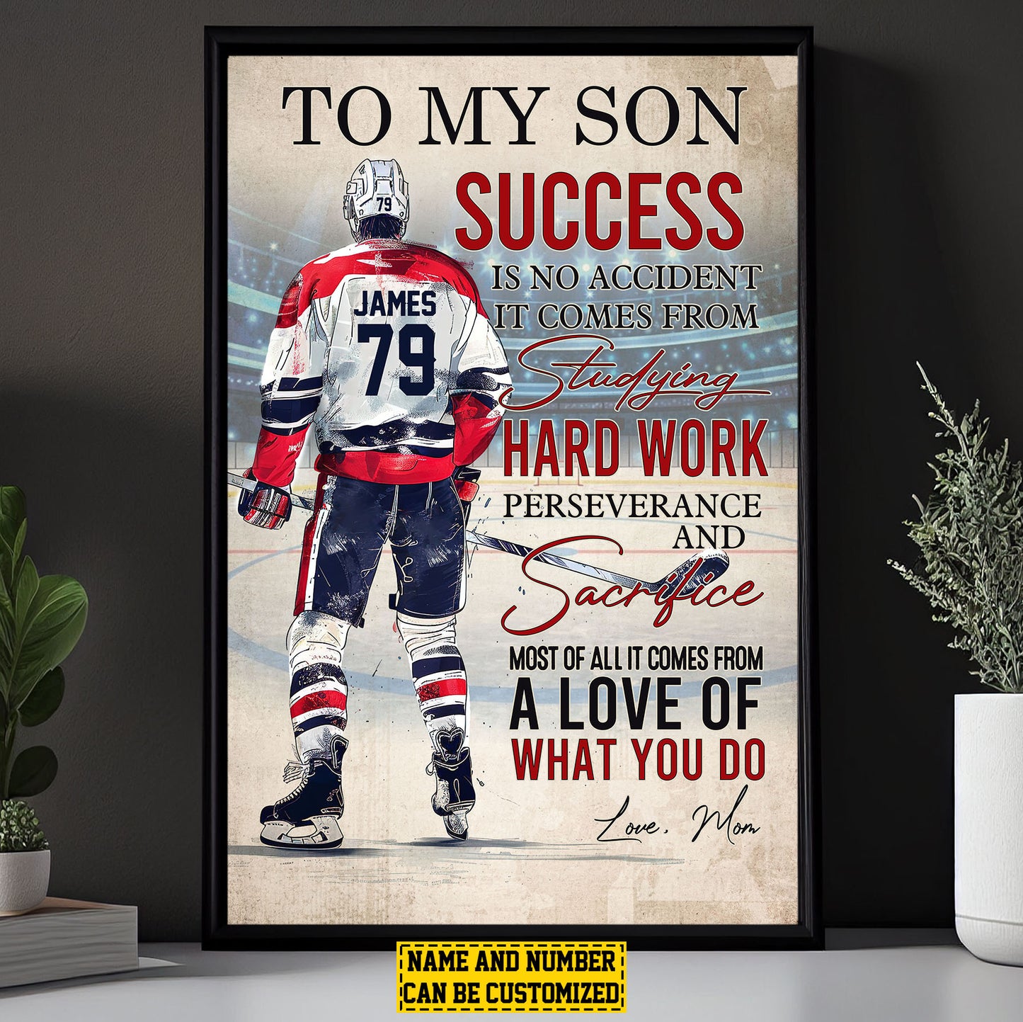 Personalized Hockey Boy Canvas Painting, To My Son Success Is No Accident, Sports Quotes Wall Art Decor, Poster Gift For Hockey Lovers, Gift For Son From Dad,Mom