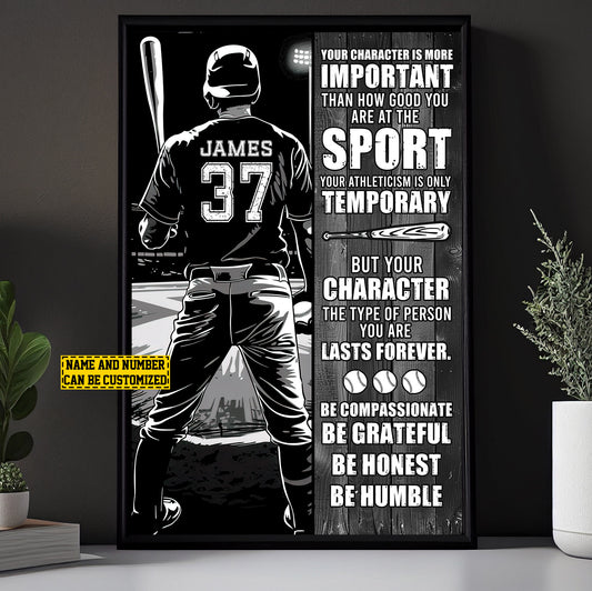 Personalized Baseball Boy Canvas Painting, Be Grateful Be Honest Be Humble, Inspirational Quotes Wall Art Decor, Poster Gift For Baseball Lovers, Baseball Boy Players