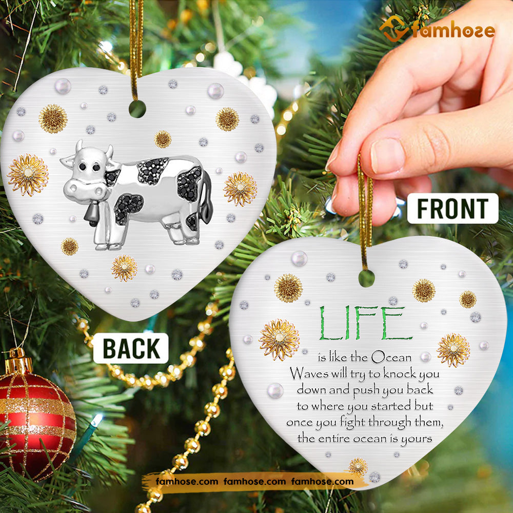 Christmas Cow Ornament, Ocean Try To Knock You Down You Started Gift For Cow Lovers, Heart Ceramic Ornament