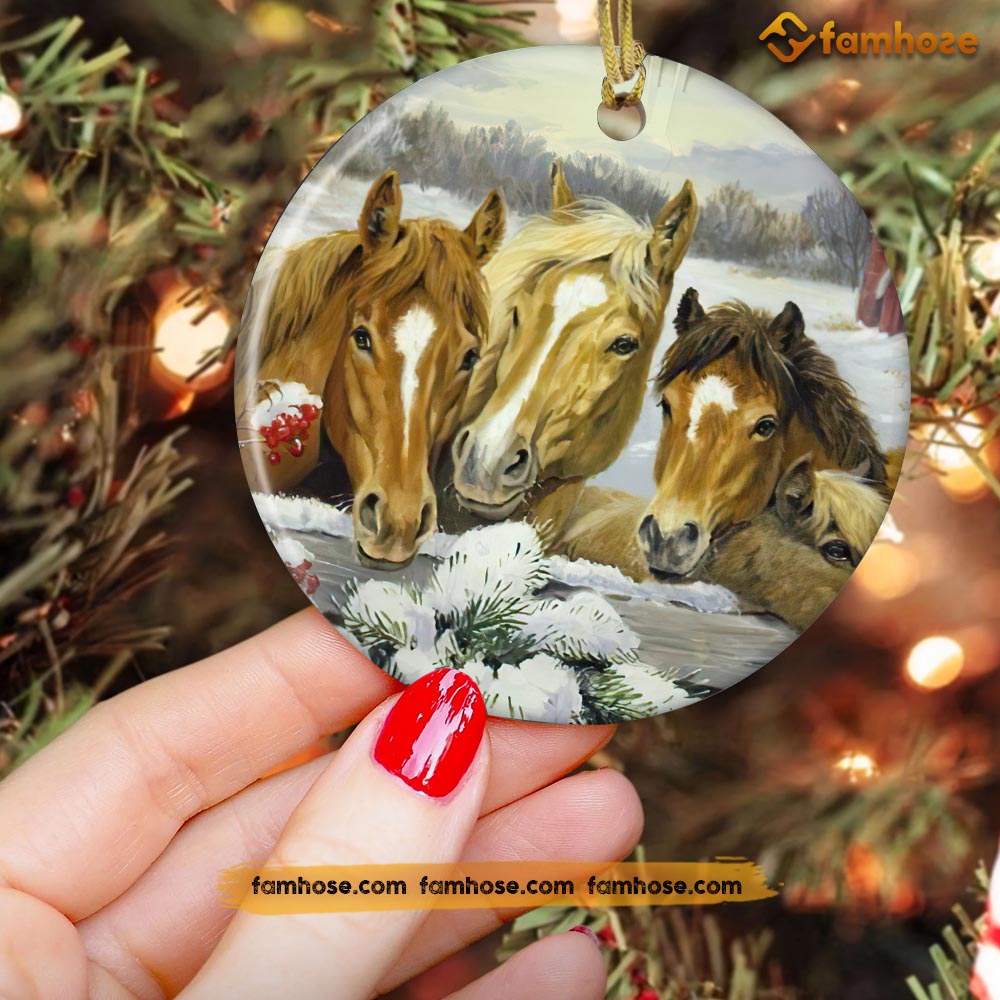 Funny Christmas Horse Ornament, Horses Look At You Gift For Horse Lovers, Circle Ceramic Ornament