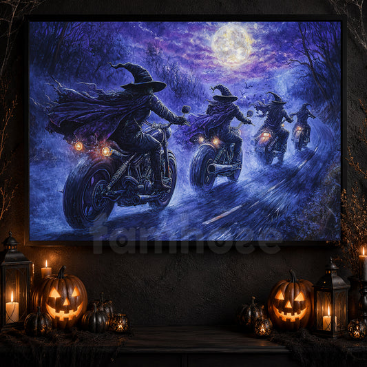 Halloween Motorcycle Witch Canvas Painting, Midnight Highway Coven Wall Art Decor, Spooky Season Poster Gift For Biker