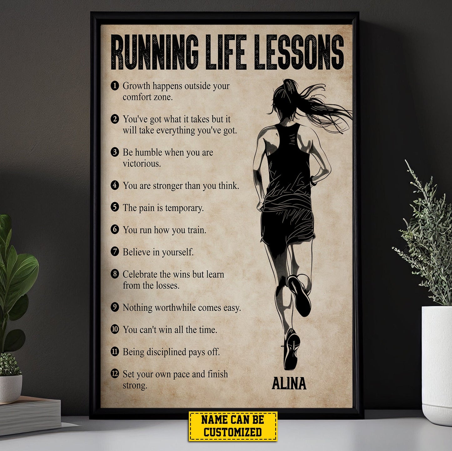 Personalized Running Life Lessons, Motivational Running Girl Canvas Painting, Inspirational Quotes Wall Art Decor, Poster Gift For Running Woman Lovers