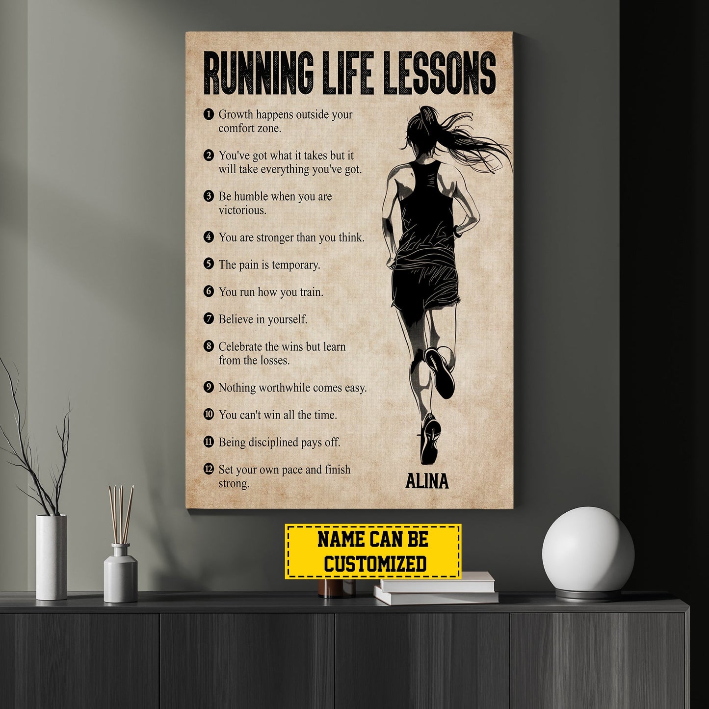 Personalized Running Life Lessons, Motivational Running Girl Canvas Painting, Inspirational Quotes Wall Art Decor, Poster Gift For Running Woman Lovers