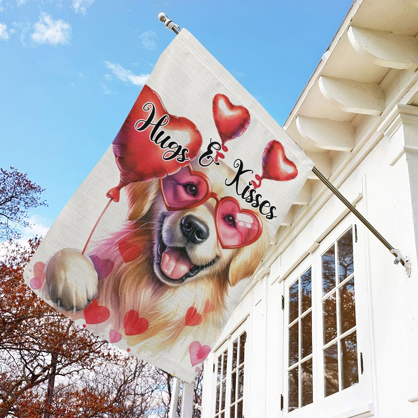 Valentine's Day Golden Retriever Dog Flag, Hugs Kisses, Golden Retriever Garden Flag & House Flag Gift, Valentines Flag Gift For Dog Lovers