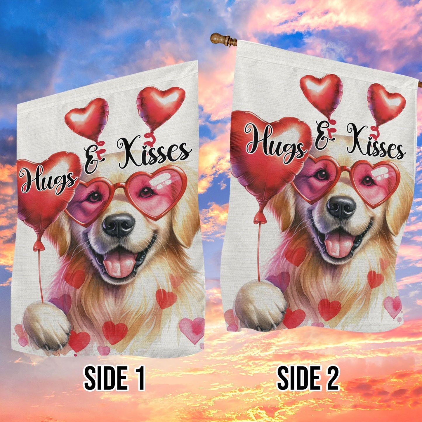 Valentine's Day Golden Retriever Dog Flag, Hugs Kisses, Golden Retriever Garden Flag & House Flag Gift, Valentines Flag Gift For Dog Lovers