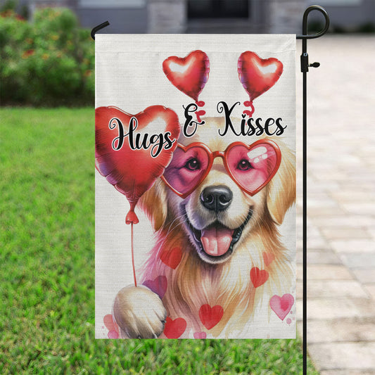 Valentine's Day Golden Retriever Dog Flag, Hugs Kisses, Golden Retriever Garden Flag & House Flag Gift, Valentines Flag Gift For Dog Lovers