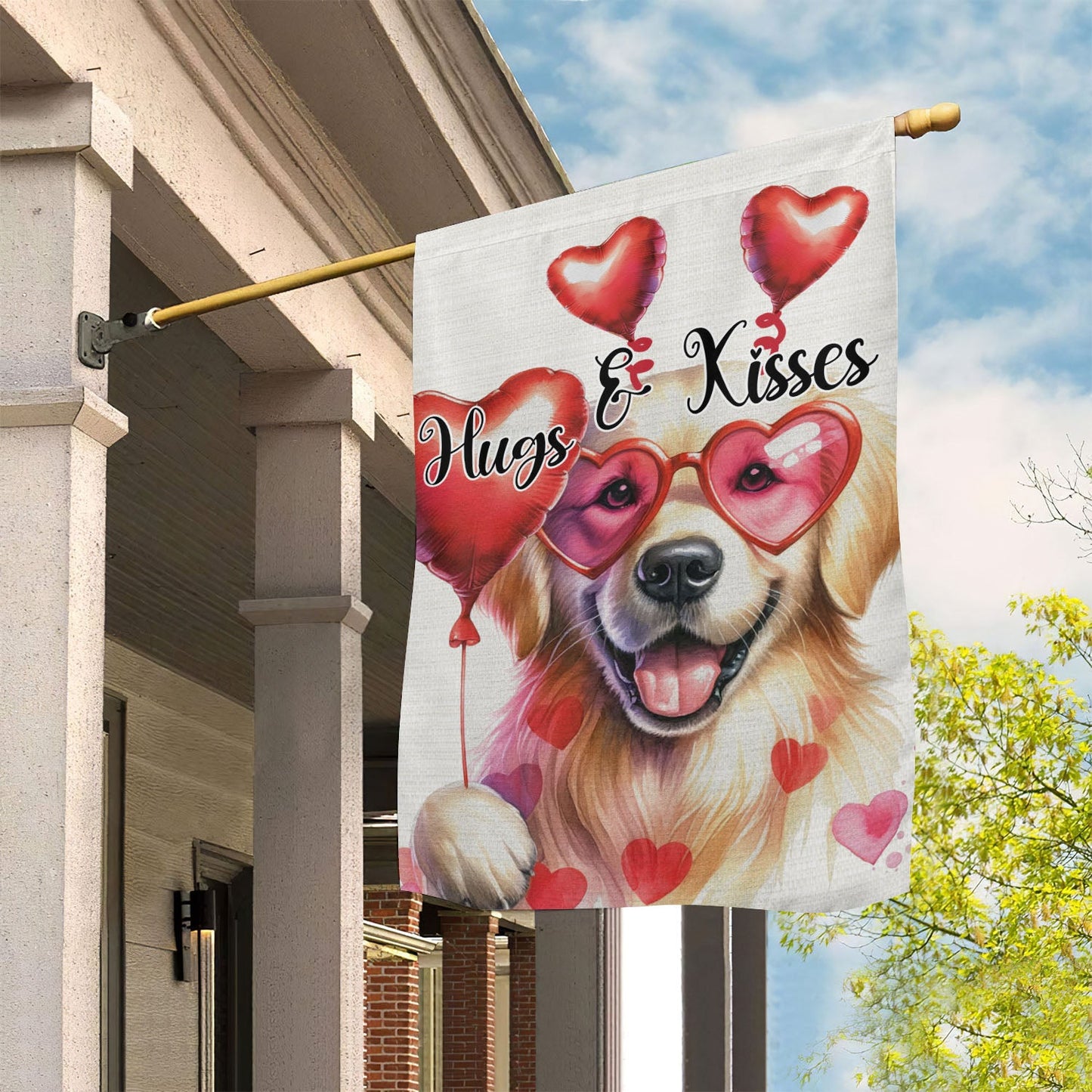 Valentine's Day Golden Retriever Dog Flag, Hugs Kisses, Golden Retriever Garden Flag & House Flag Gift, Valentines Flag Gift For Dog Lovers