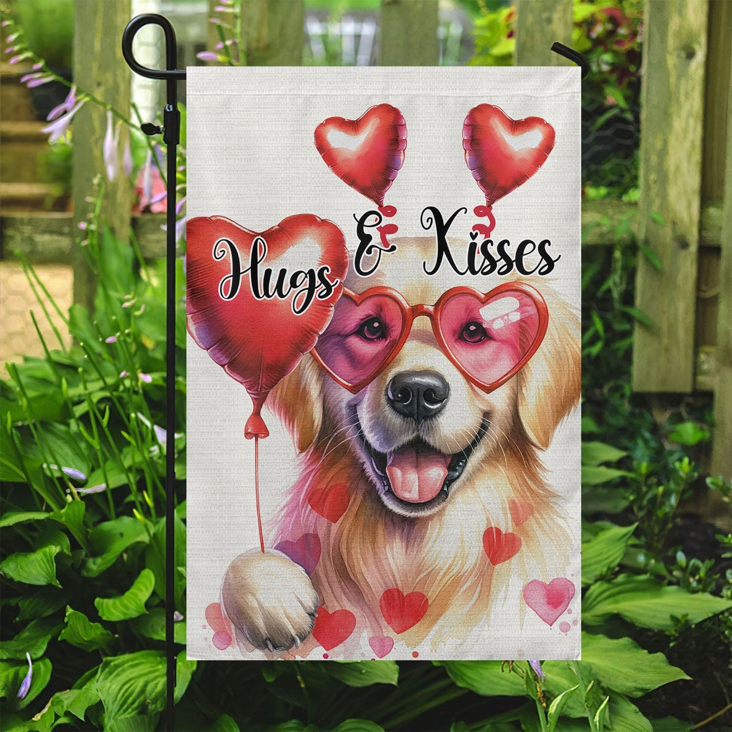 Valentine's Day Golden Retriever Dog Flag, Hugs Kisses, Golden Retriever Garden Flag & House Flag Gift, Valentines Flag Gift For Dog Lovers