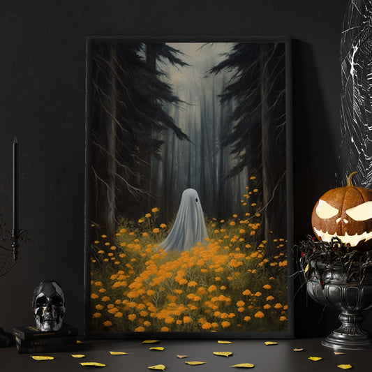 Alone Ghost In Flower Garden Vintage Halloween Canvas Painting, Wall Art Decor - Dark Ghost Halloween Poster Gift