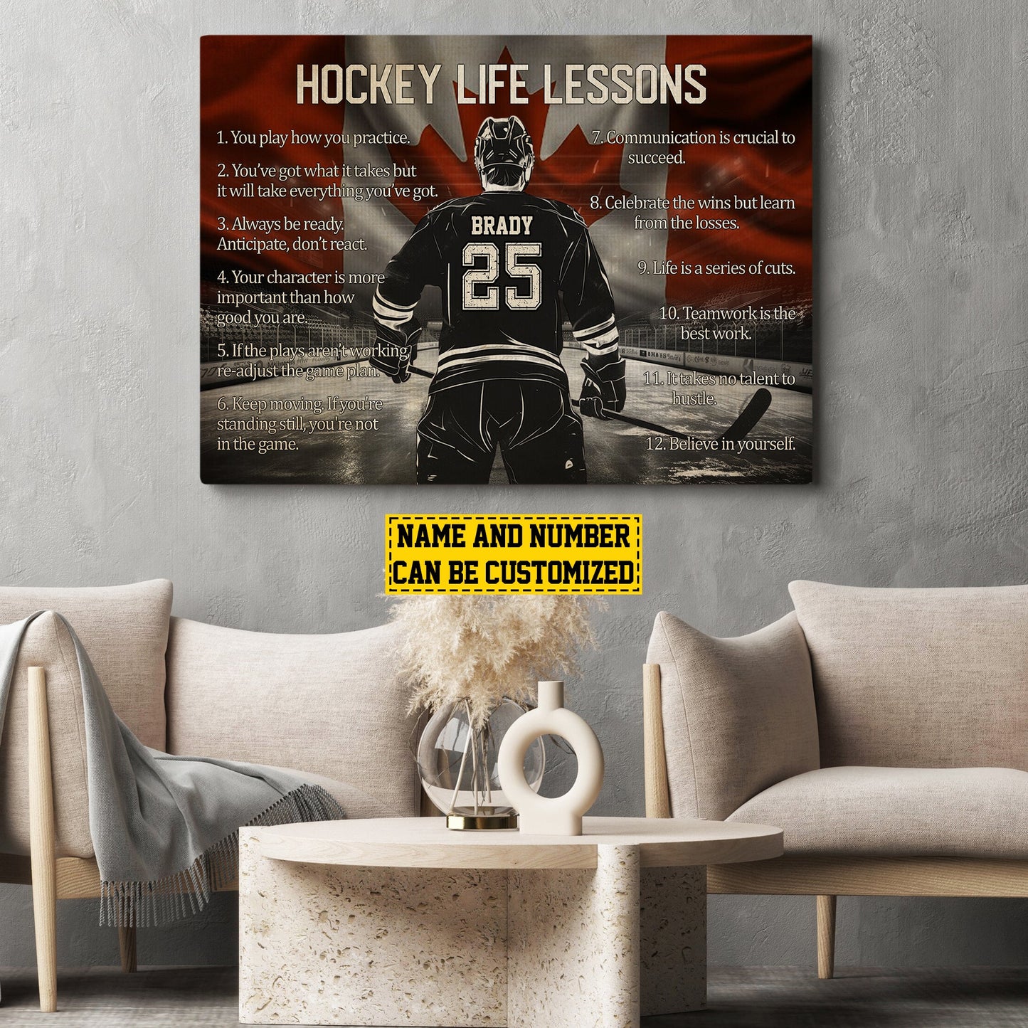 Personalized Motivational Hockey Boy Canvas Painting, Hockey Life Lessons, Inspirational Quotes Wall Art Decor, Poster Gift For Canadian