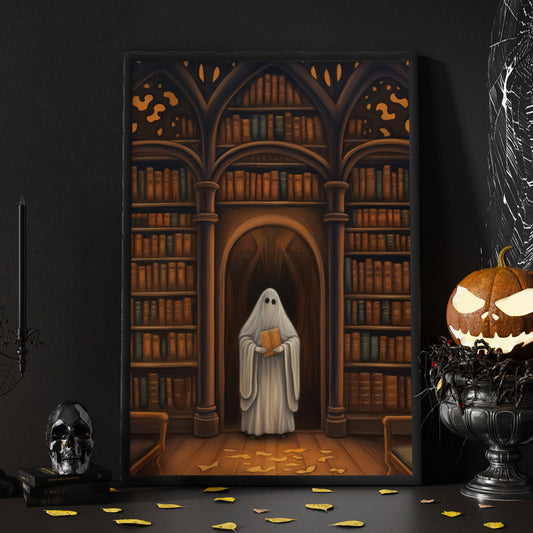 The Ghost In Library Vintage Halloween Canvas Painting, Wall Art Decor - Dark Ghost Halloween Poster Gift