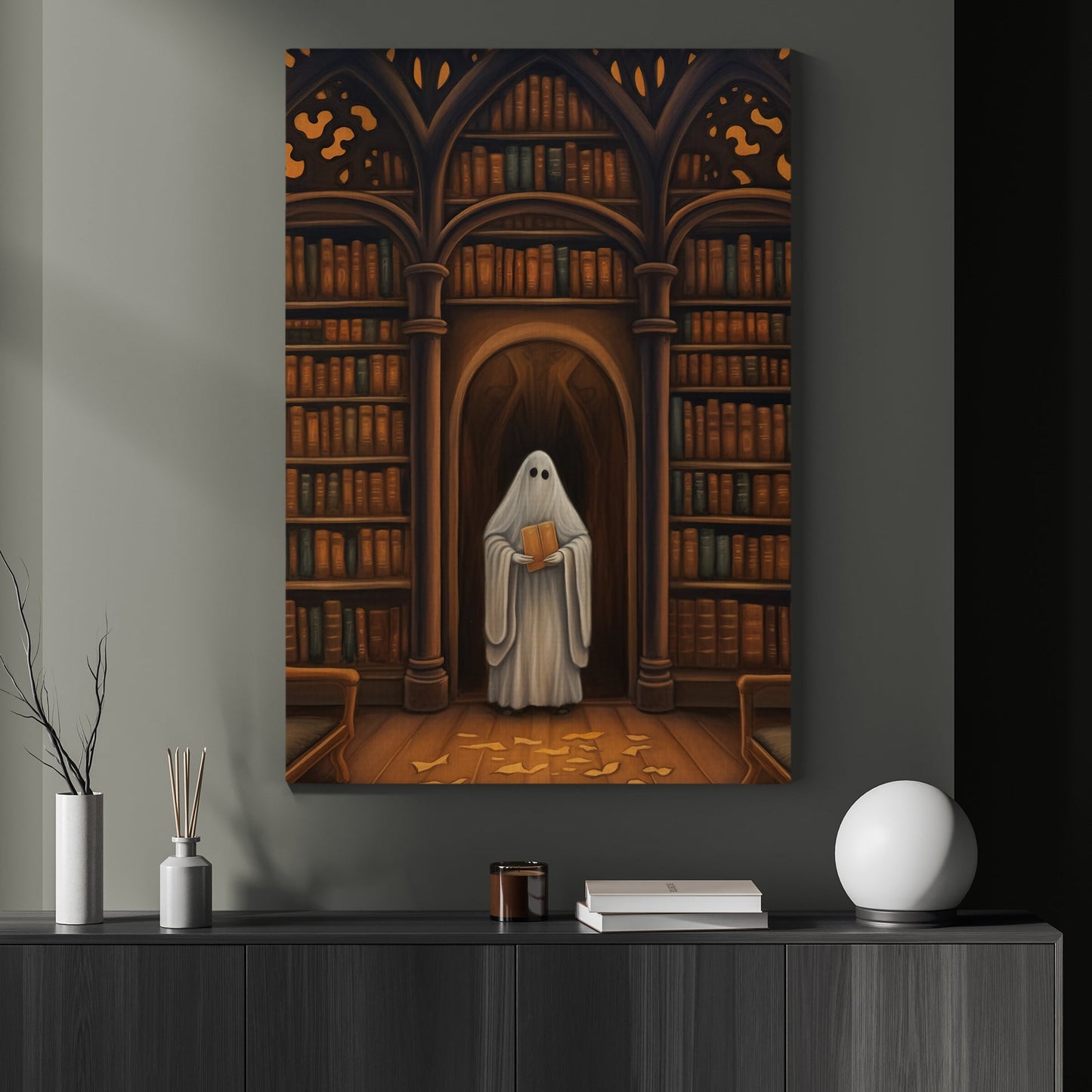 The Ghost In Library Vintage Halloween Canvas Painting, Wall Art Decor - Dark Ghost Halloween Poster Gift