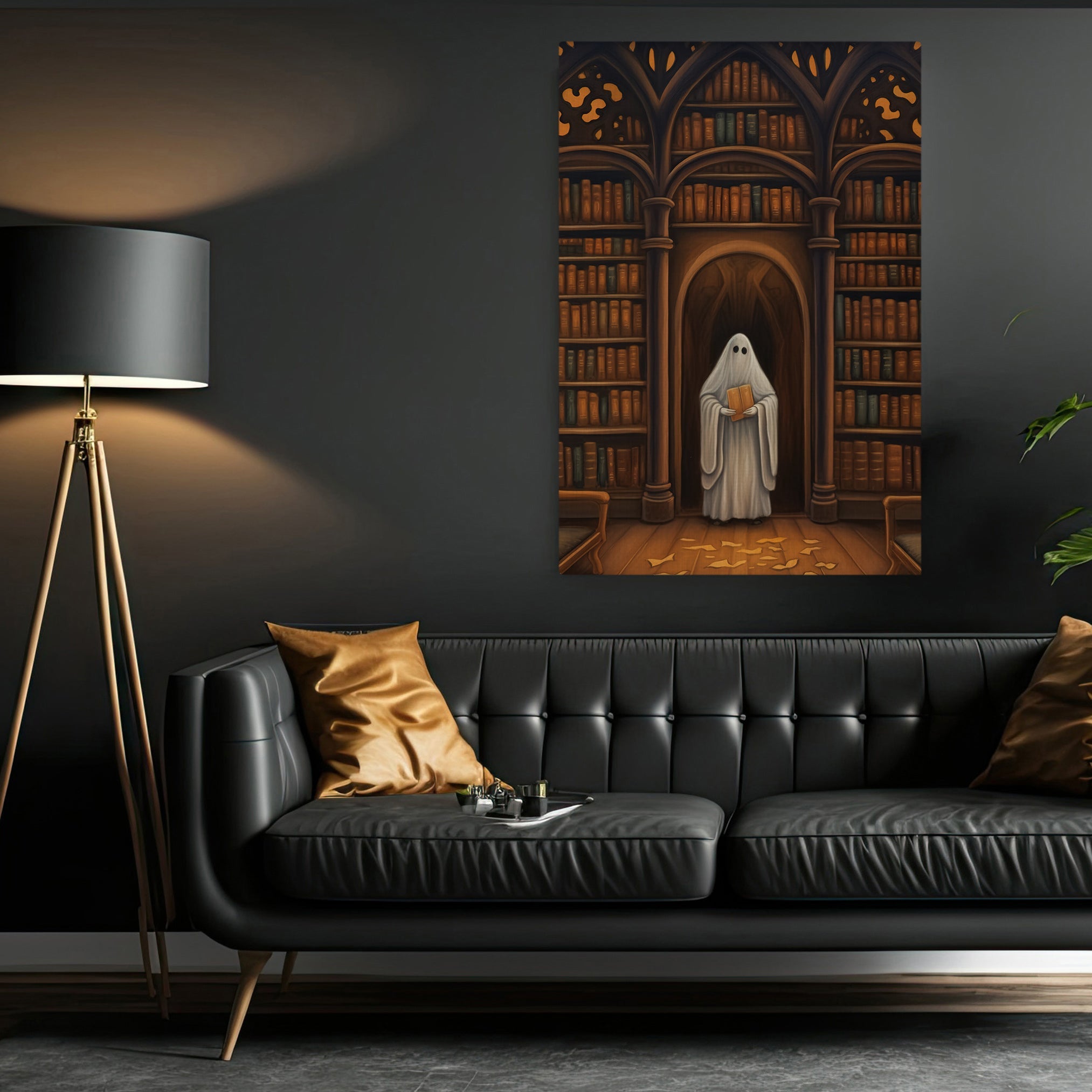 The Ghost In Library Vintage Halloween Canvas Painting, Wall Art