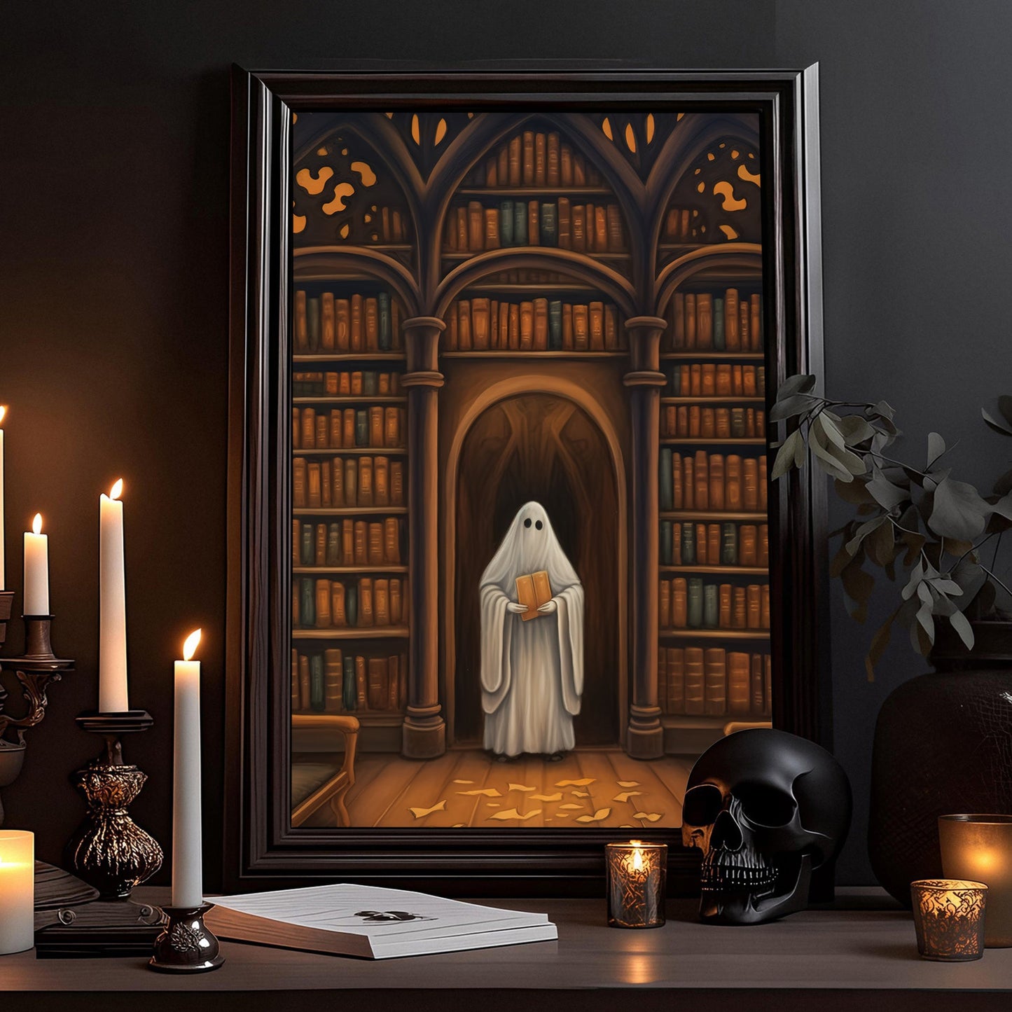 The Ghost In Library Vintage Halloween Canvas Painting, Wall Art Decor - Dark Ghost Halloween Poster Gift