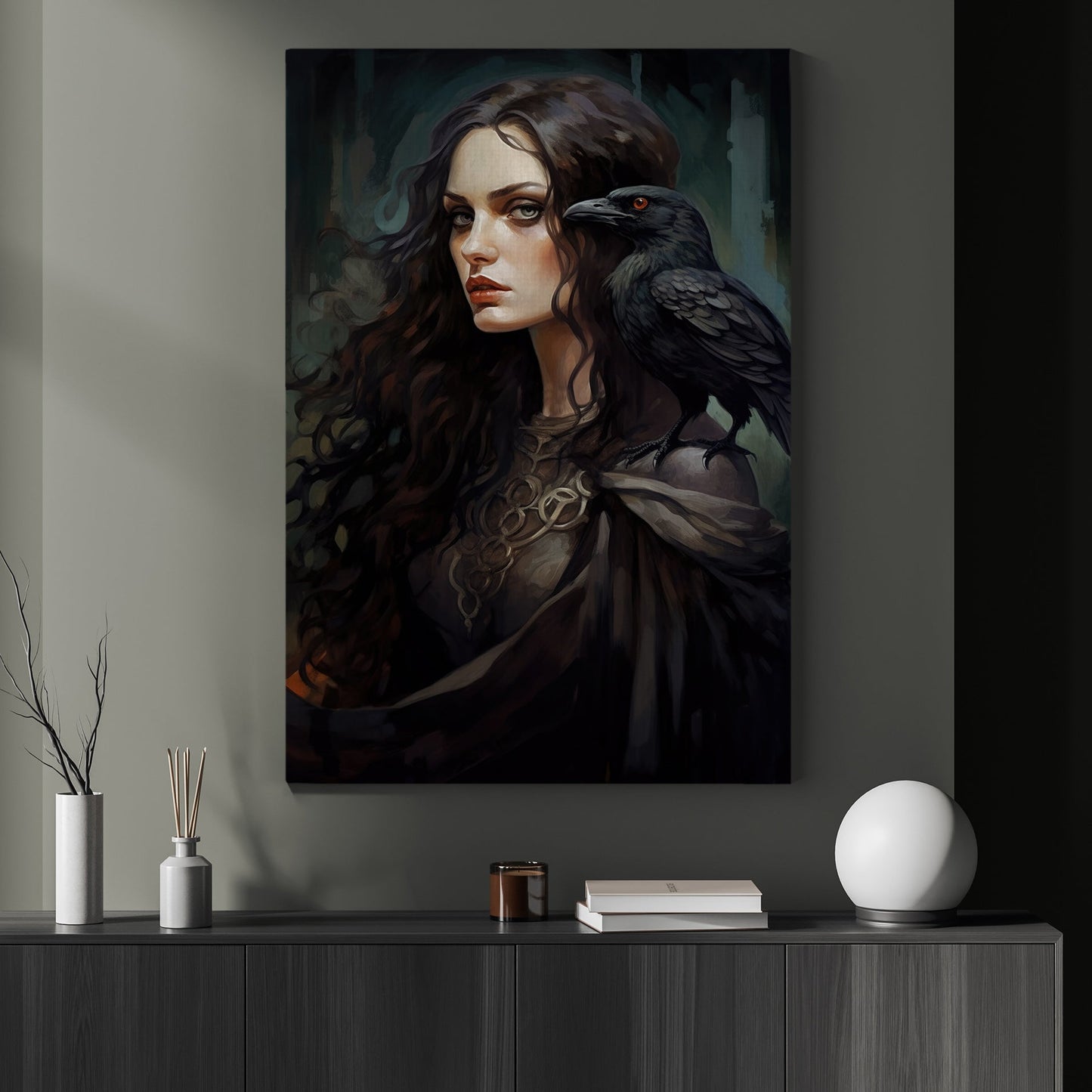 Dark Witch With Crow Mythical Halloween Canvas Painting, Wall Art Decor - Dark Goddess Halloween Poster Gift