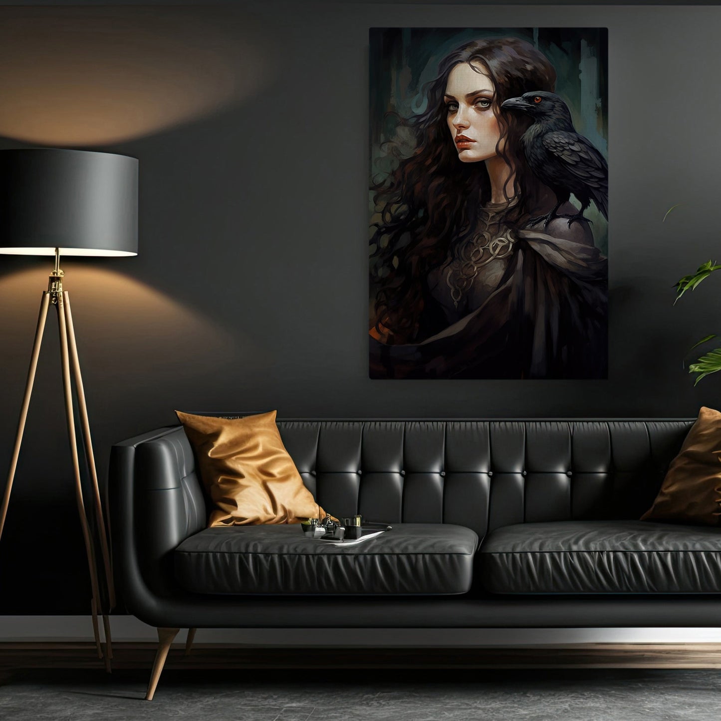 Dark Witch With Crow Mythical Halloween Canvas Painting, Wall Art Decor - Dark Goddess Halloween Poster Gift