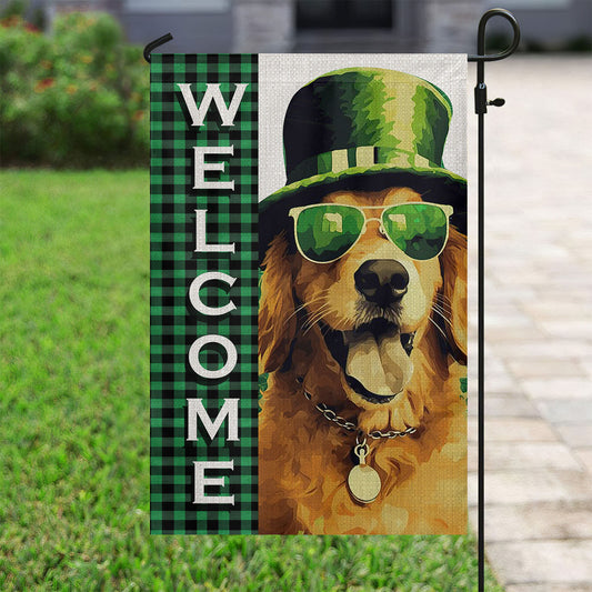 St Patrick's Day Golden Retriever Flag, Welcome, St Patrick's Day Dog Clover Garden Flag & House Flag Gift, St Patricks Day Irish Outdoor Decoration Gift For Dog Lovers