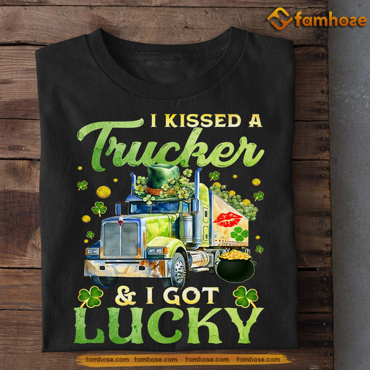 Funny St Patrick's Day Trucker T-shirt, Kissed A Trucker Got Lucky, Patricks Day Gift For Trucker Lovers