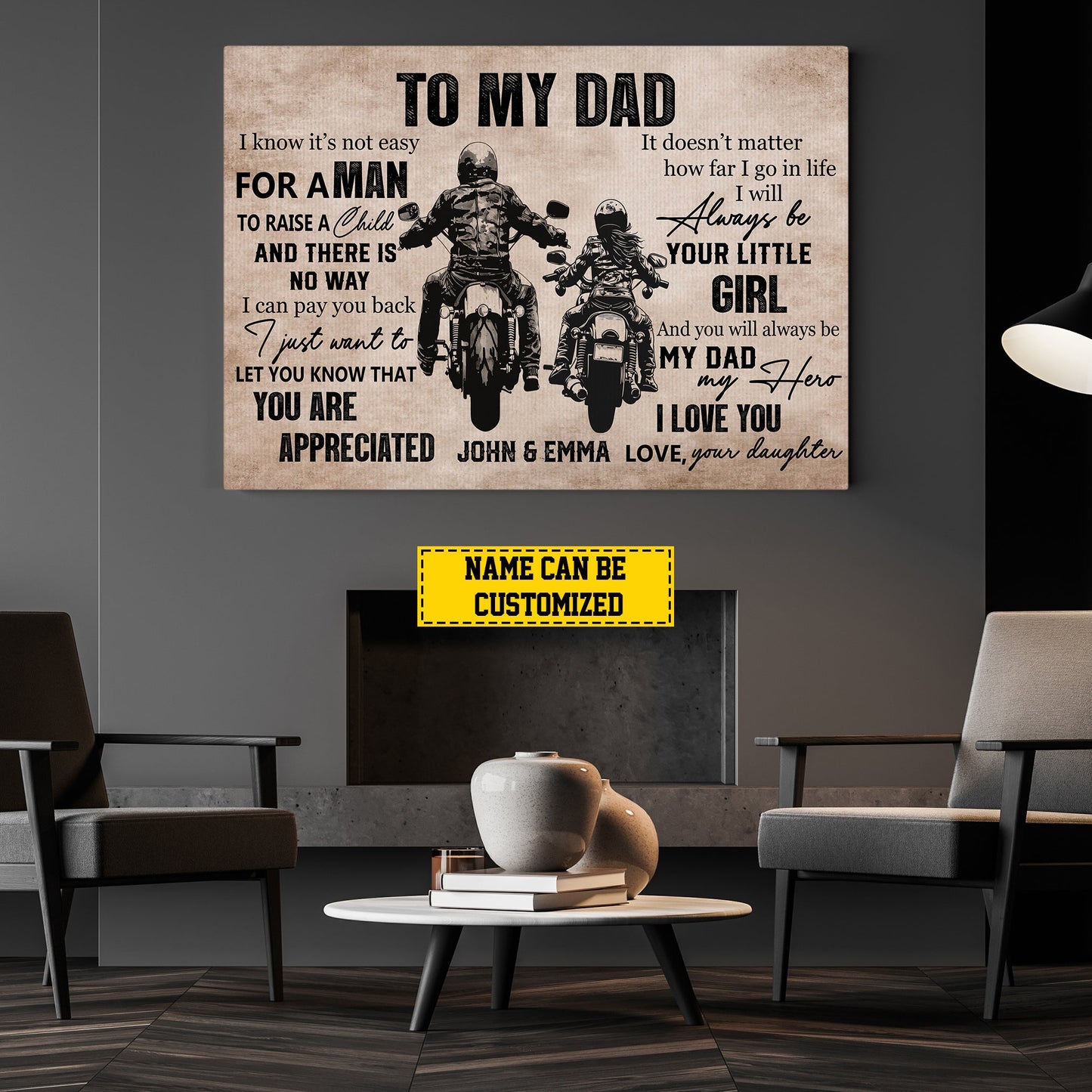 To My Dad You Will Always Be My Dad My Hero, Personalized Biker Canvas Painting, Inspirational Quotes Motorcycle Wall Art Decor, Father's Day Poster Gift For Dad From Daughter