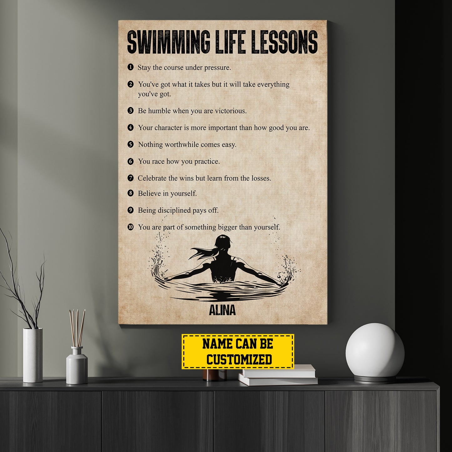 Personalized Motivational Swimming Girl Canvas Painting, Swimming Life Lessons, Inspirational Quotes Wall Art Decor, Poster Gift For Swimming Woman Lovers